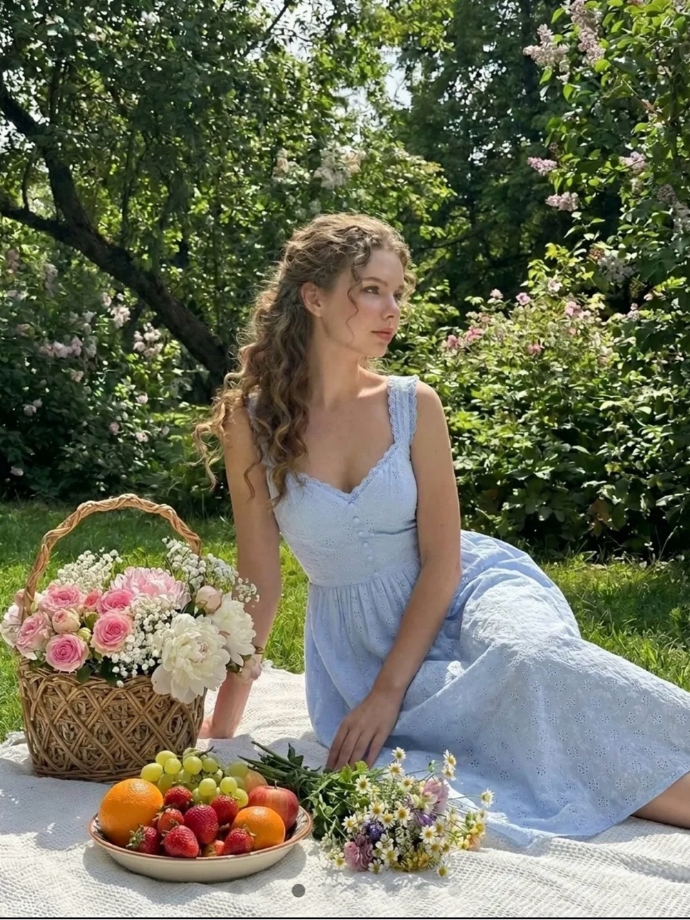 CIDER blue cotton V-neck broderie anglaise floral button midi dress - Picture 3 of 7